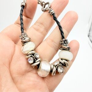 Silver Tone Charm Bracelet Leather Cord Glass Beads Rhinestone